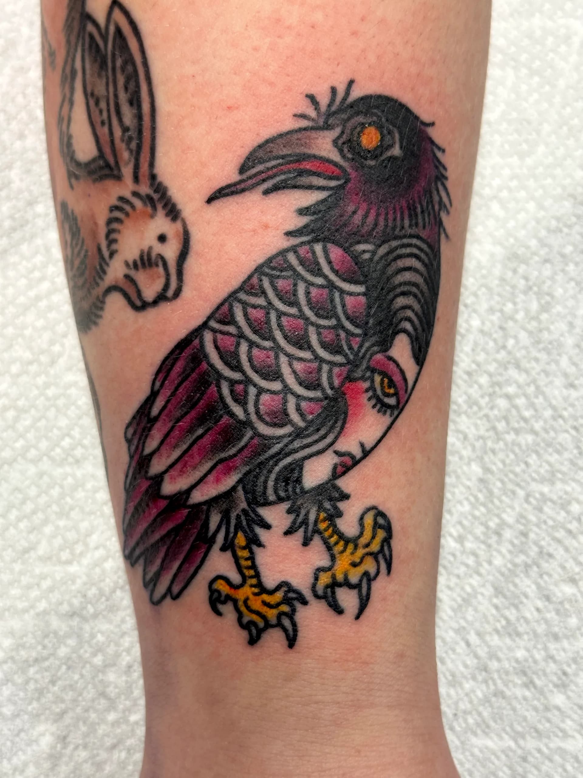 Bird and lady face traditional tattoo by Nate at Village Tattoo Company London Ontario