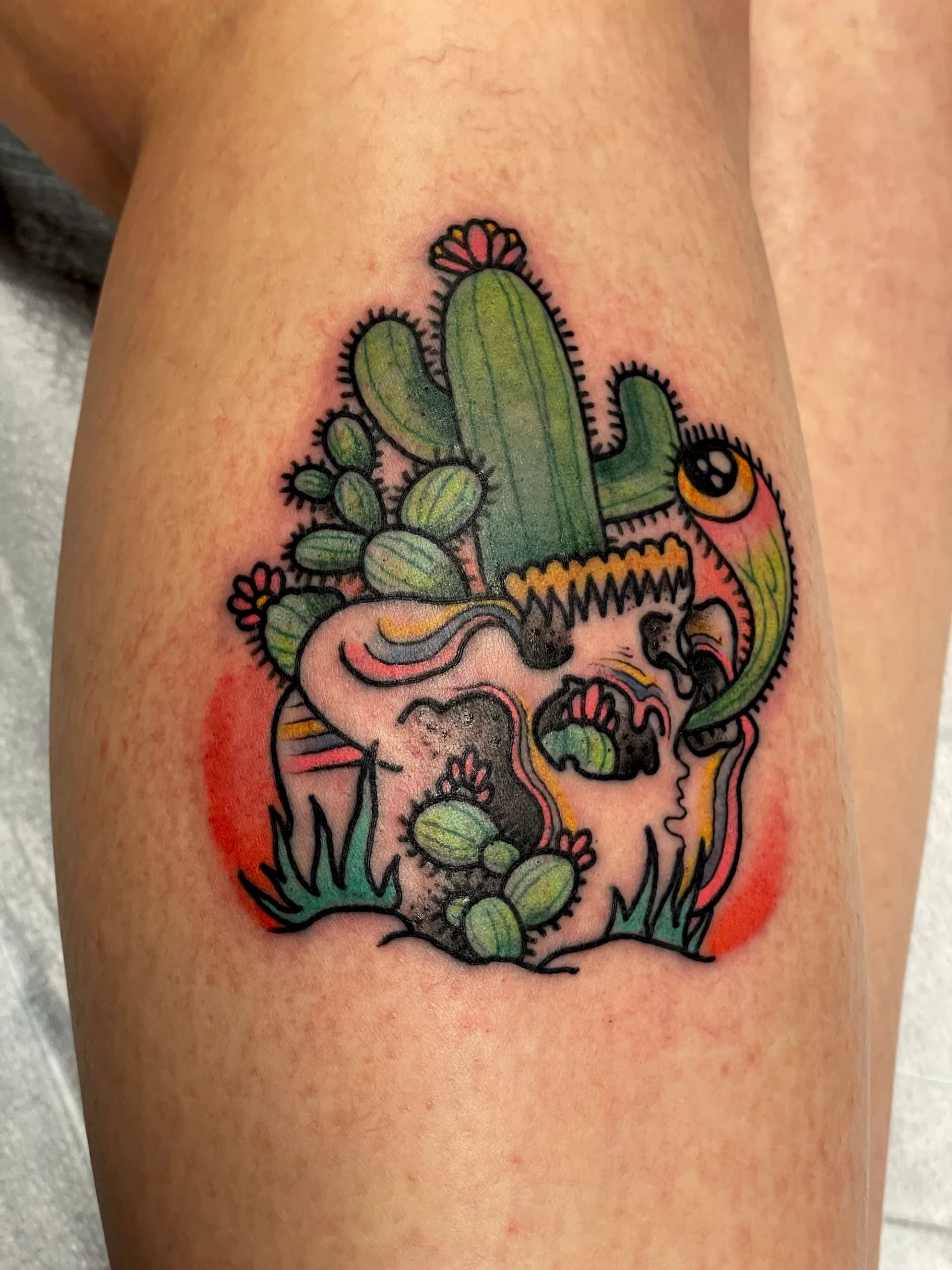 Cactus skull traditional colour tattoo by Nate at Village Tattoo Company London Ontario