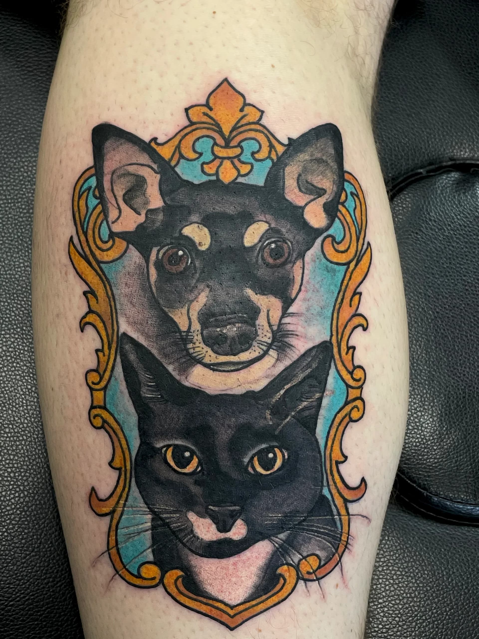 Colour dog portrait tattoo by Nate at Village Tattoo Company London Ontario