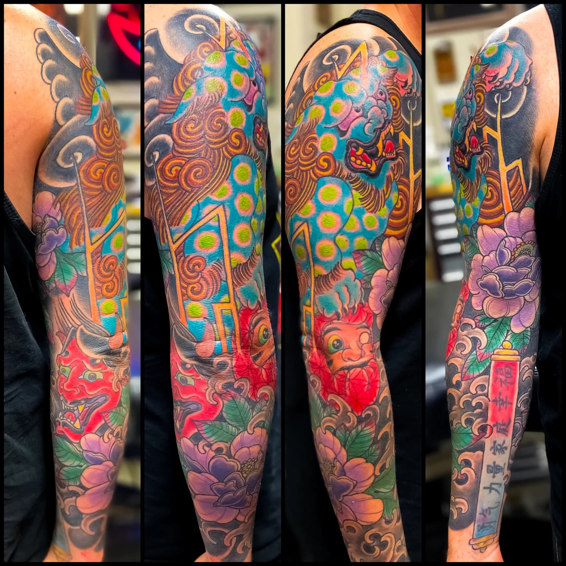 Colourful Japanese foo dog full sleeve tattoo with peonies, clouds, and oni mask by Nate at Village Tattoo Company London Ontario