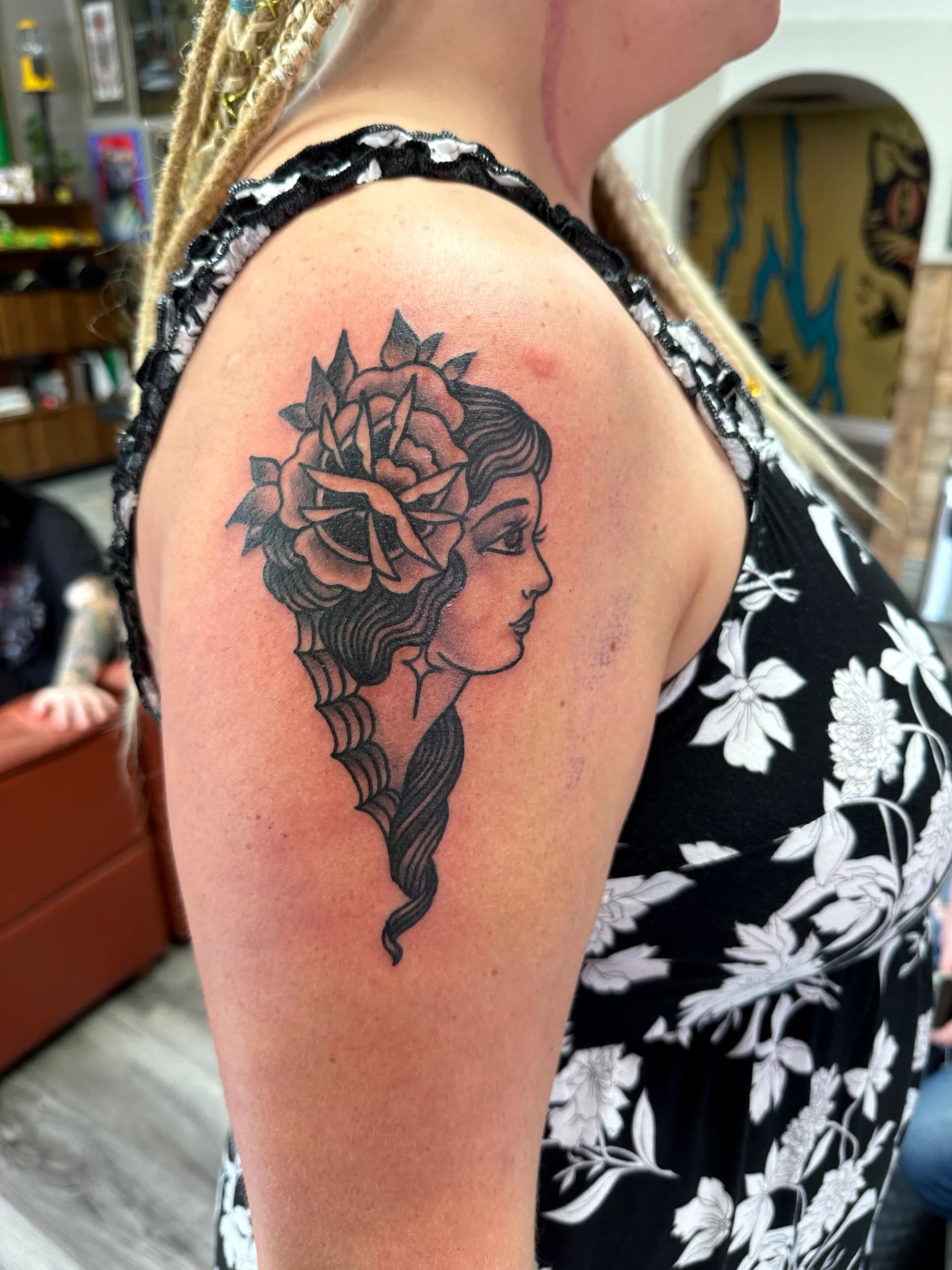 Geisha black and grey forearm tattoo by Nate at Village Tattoo Company London Ontario