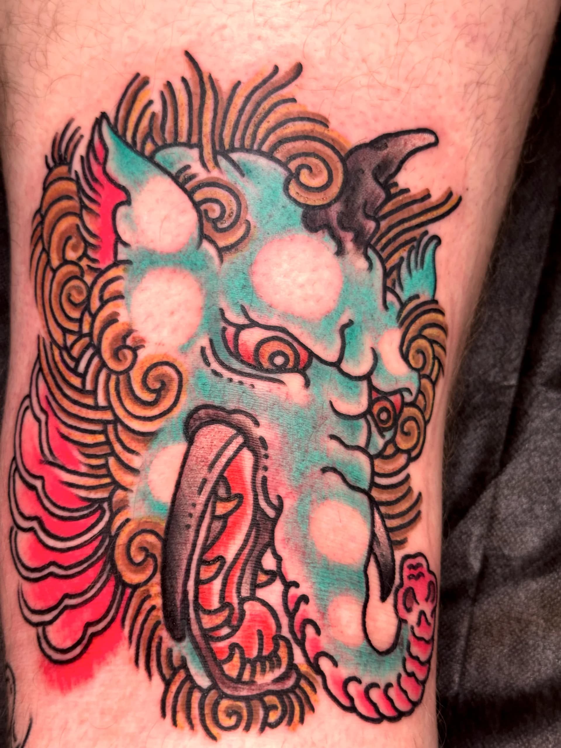 Japanese baku mythological creature colour tattoo by Nate at Village Tattoo Company London Ontario