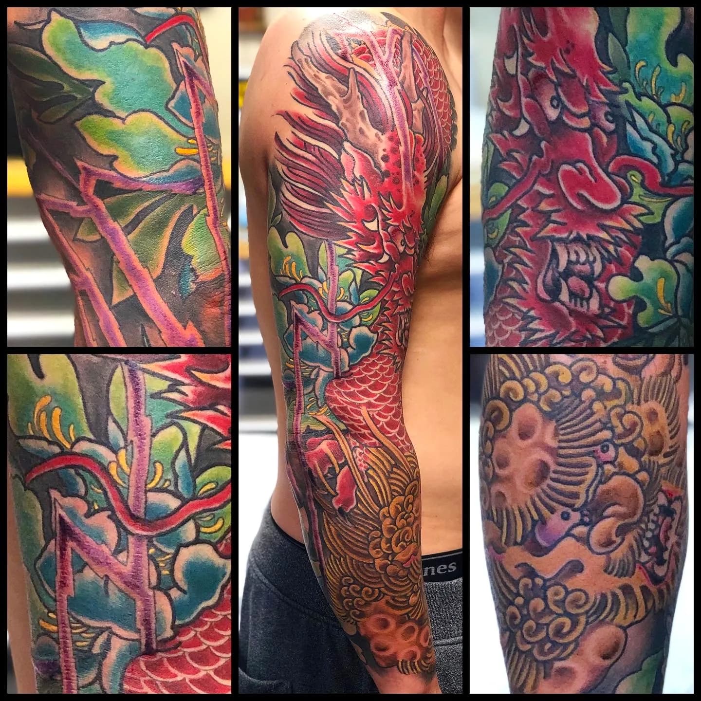 Japanese dragon and foo dog colour full sleeve tattoo by Nate at Village Tattoo Company London Ontario