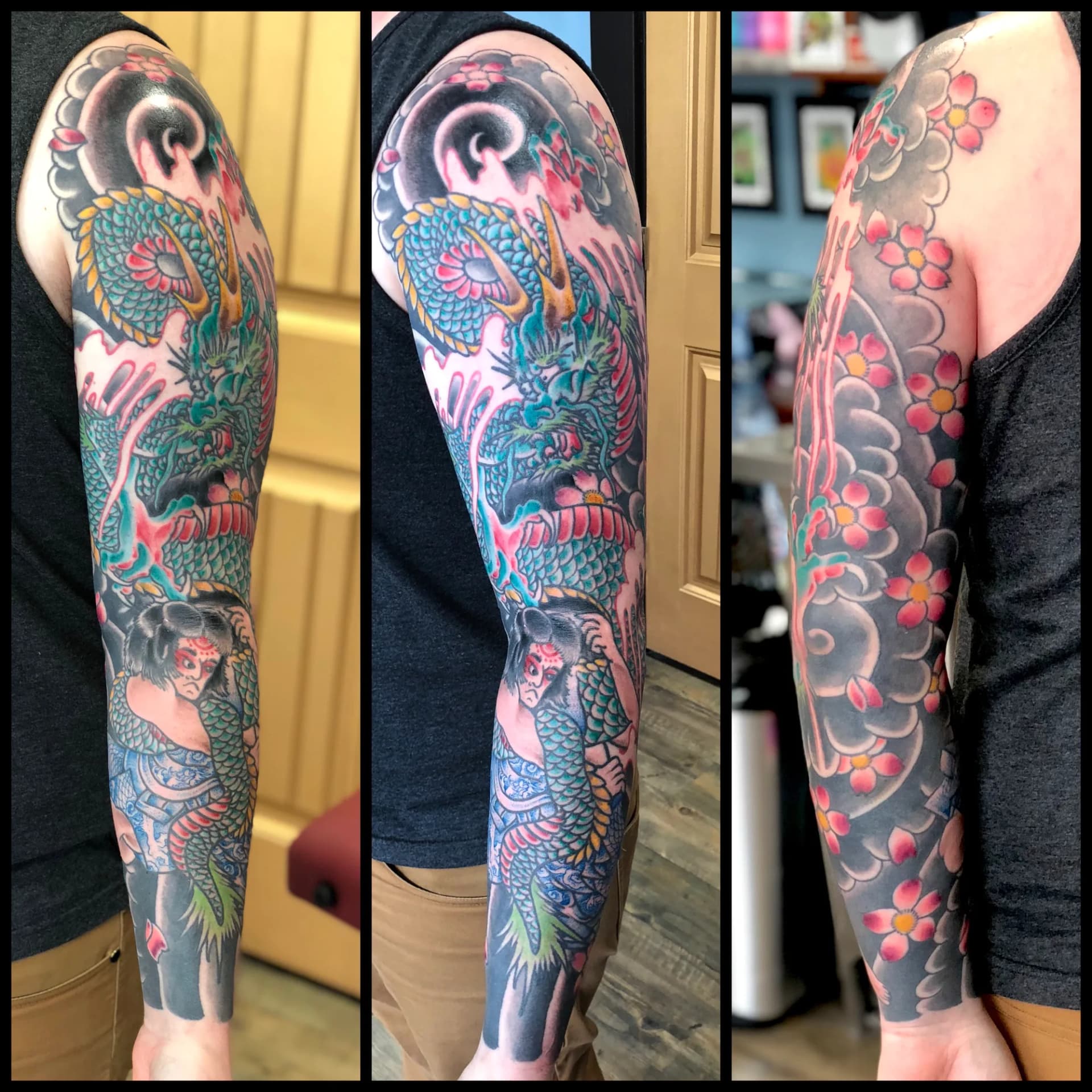 Green dragon Japanese colour full sleeve tattoo by Nate at Village Tattoo Company London Ontario
