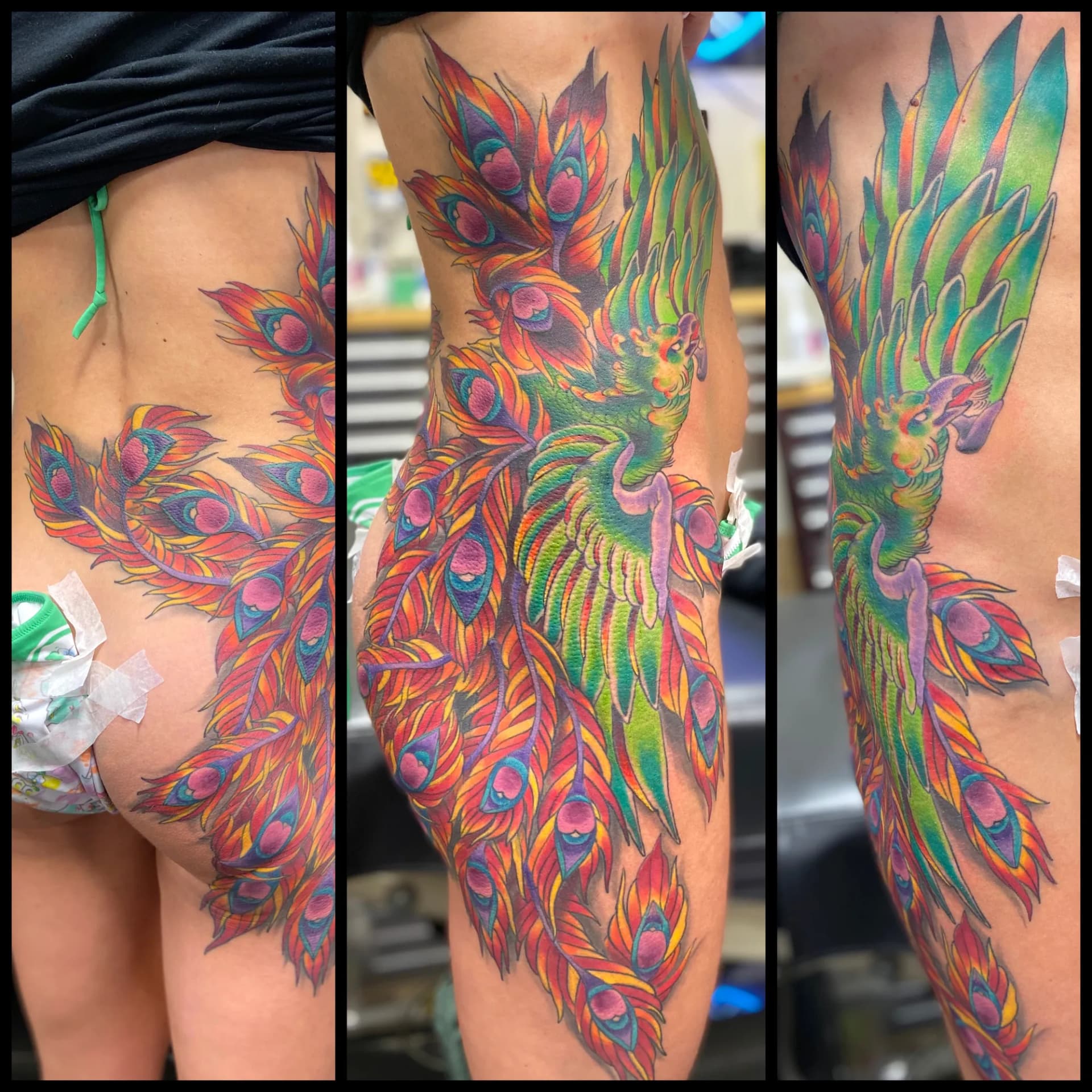 Japanese phoenix colour full side piece tattoo covering ribs and leg by Nate at Village Tattoo Company London Ontario