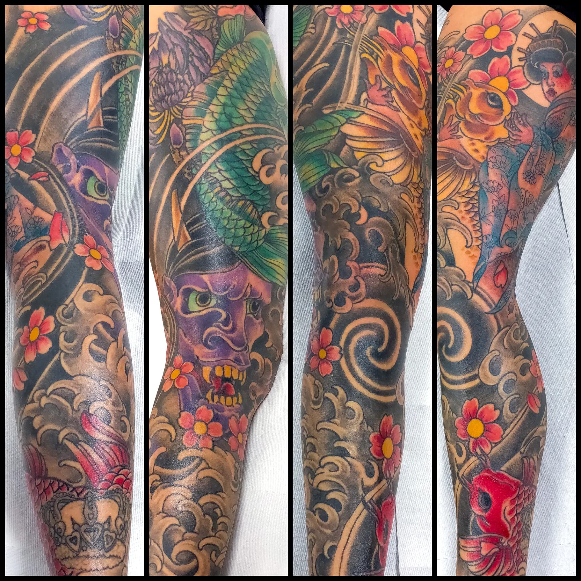 Koi fish and hannya mask colour Japanese full leg sleeve tattoo by Nate at Village Tattoo Company London Ontario