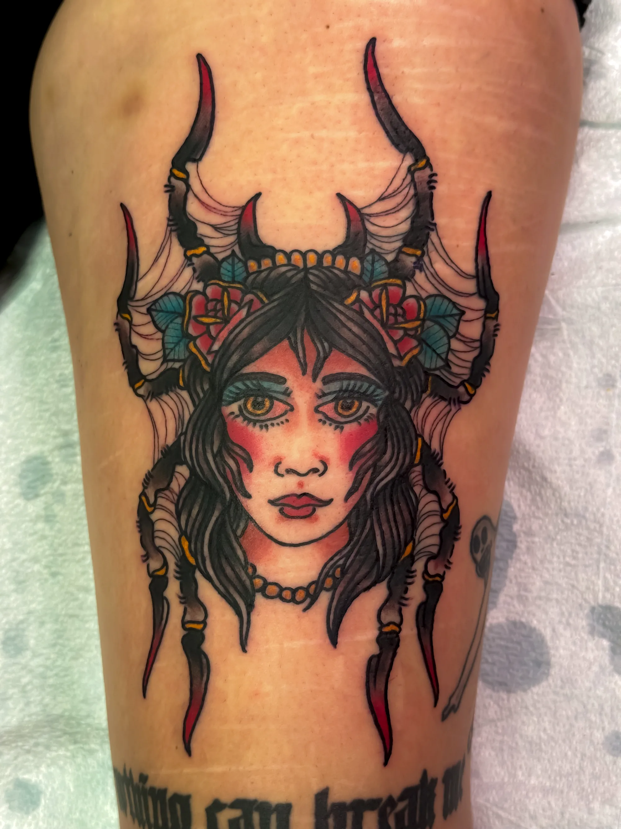 Lady head with spider traditional tattoo by Nate at Village Tattoo Company London Ontario