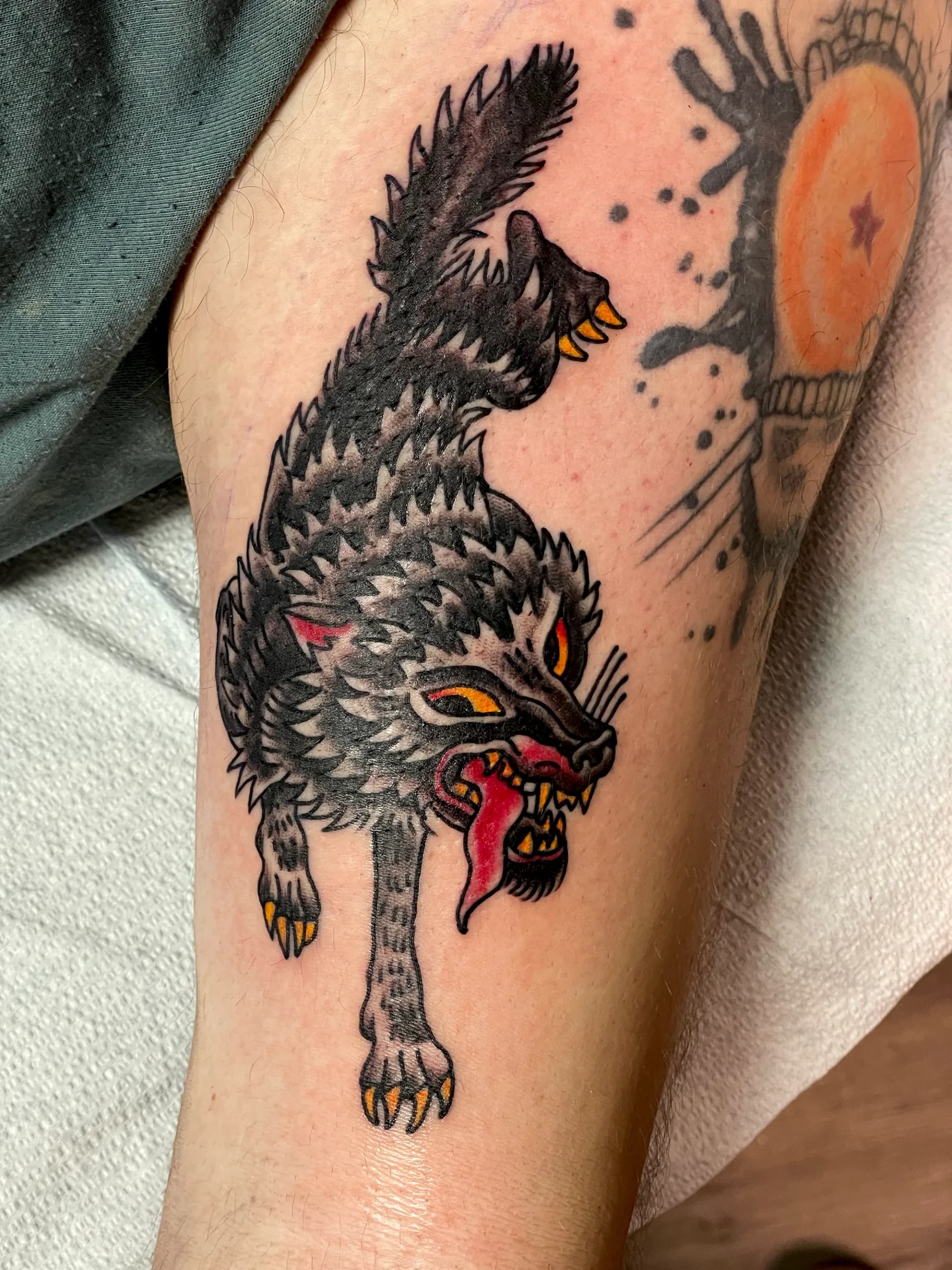 Neo-traditional wolf colour calf tattoo by Nate at Village Tattoo Company London Ontario