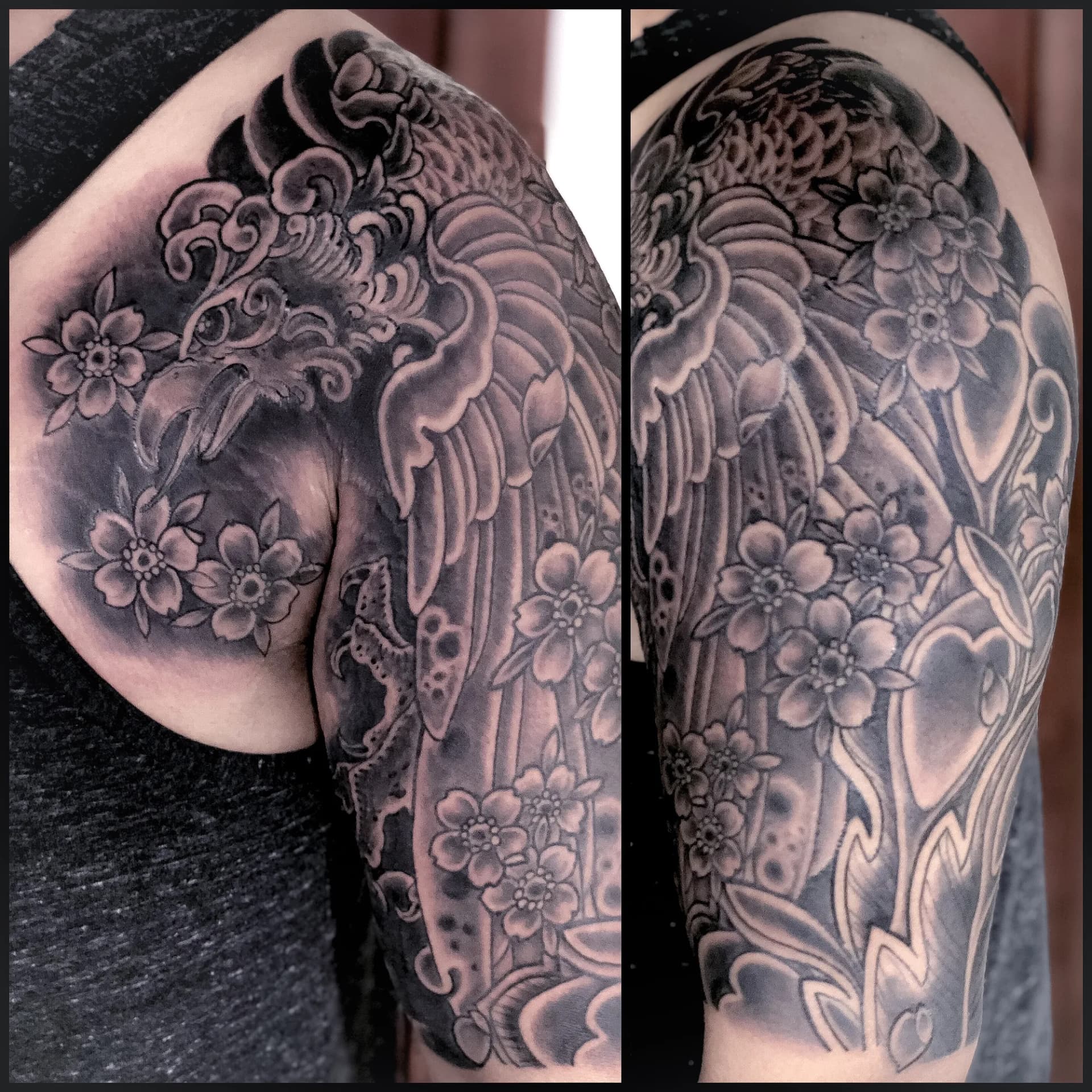 Phoenix black and grey Japanese half sleeve tattoo by Nate at Village Tattoo Company London Ontario