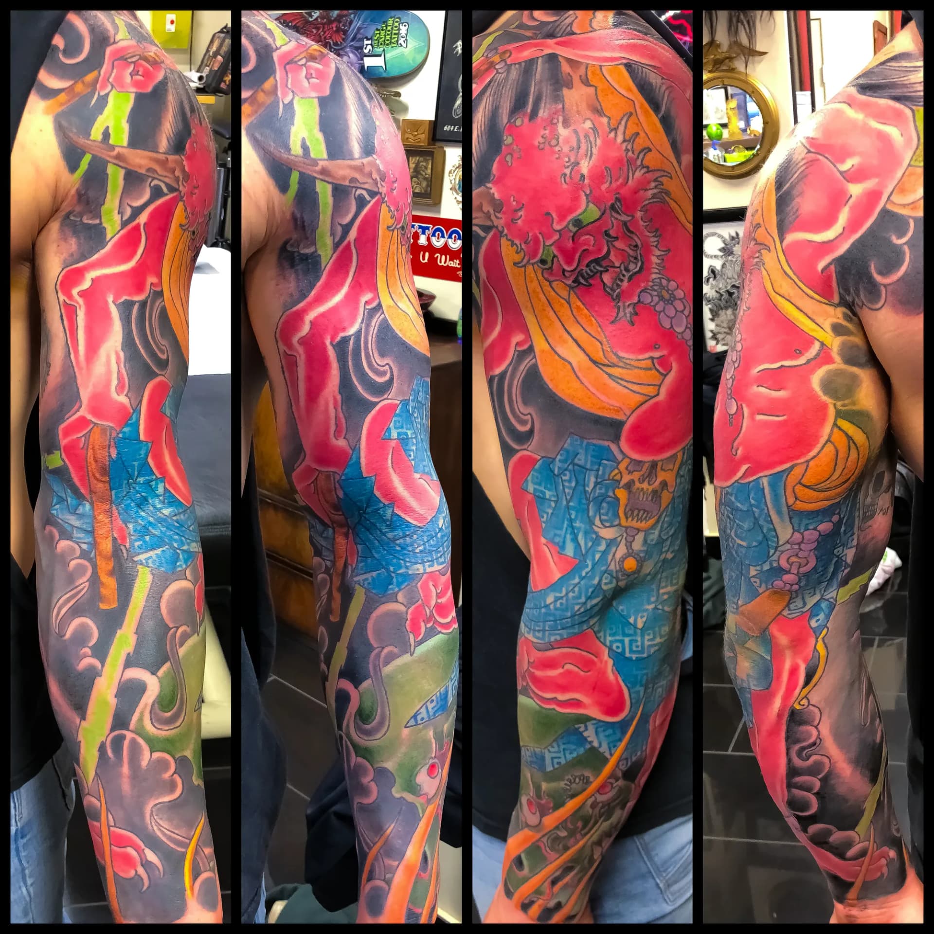Raijin thunder god red demon Japanese full leg sleeve tattoo by Nate at Village Tattoo Company London Ontario