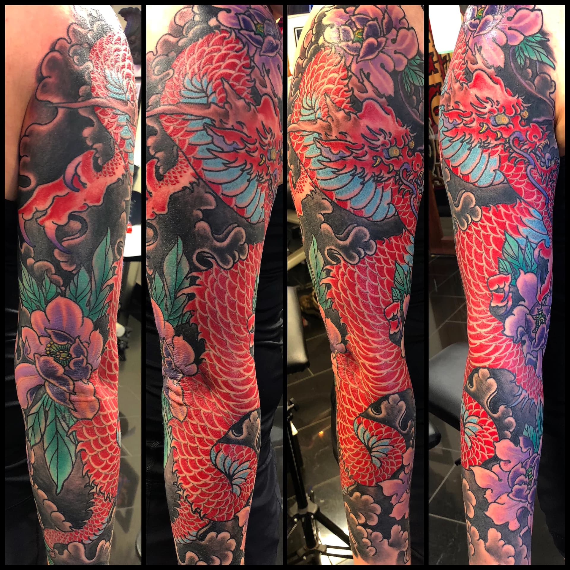 Red dragon Japanese colour full sleeve tattoo by Nate at Village Tattoo Company London Ontario