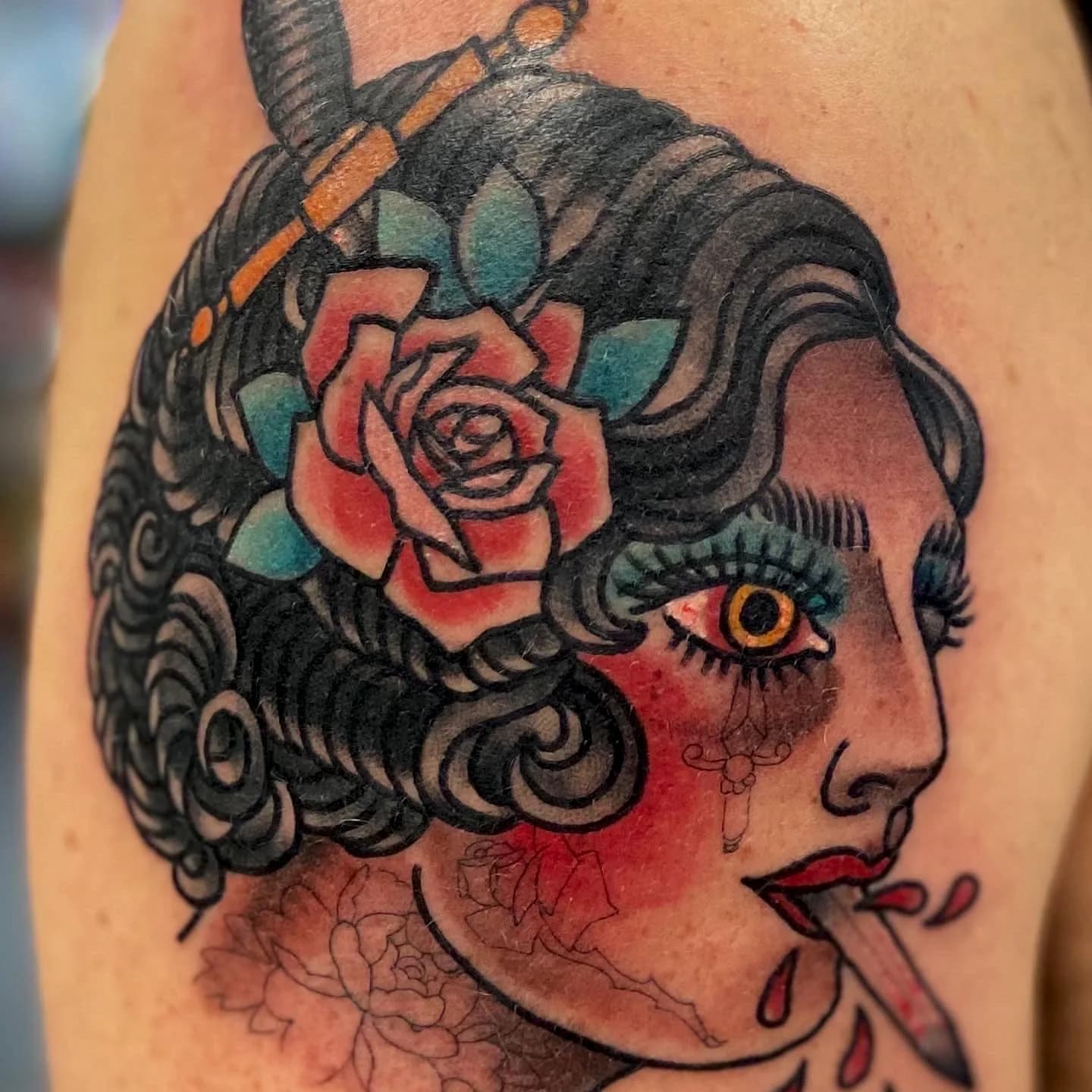 Lady head with dagger and rose traditional forearm tattoo by Nate at Village Tattoo Company London Ontario
