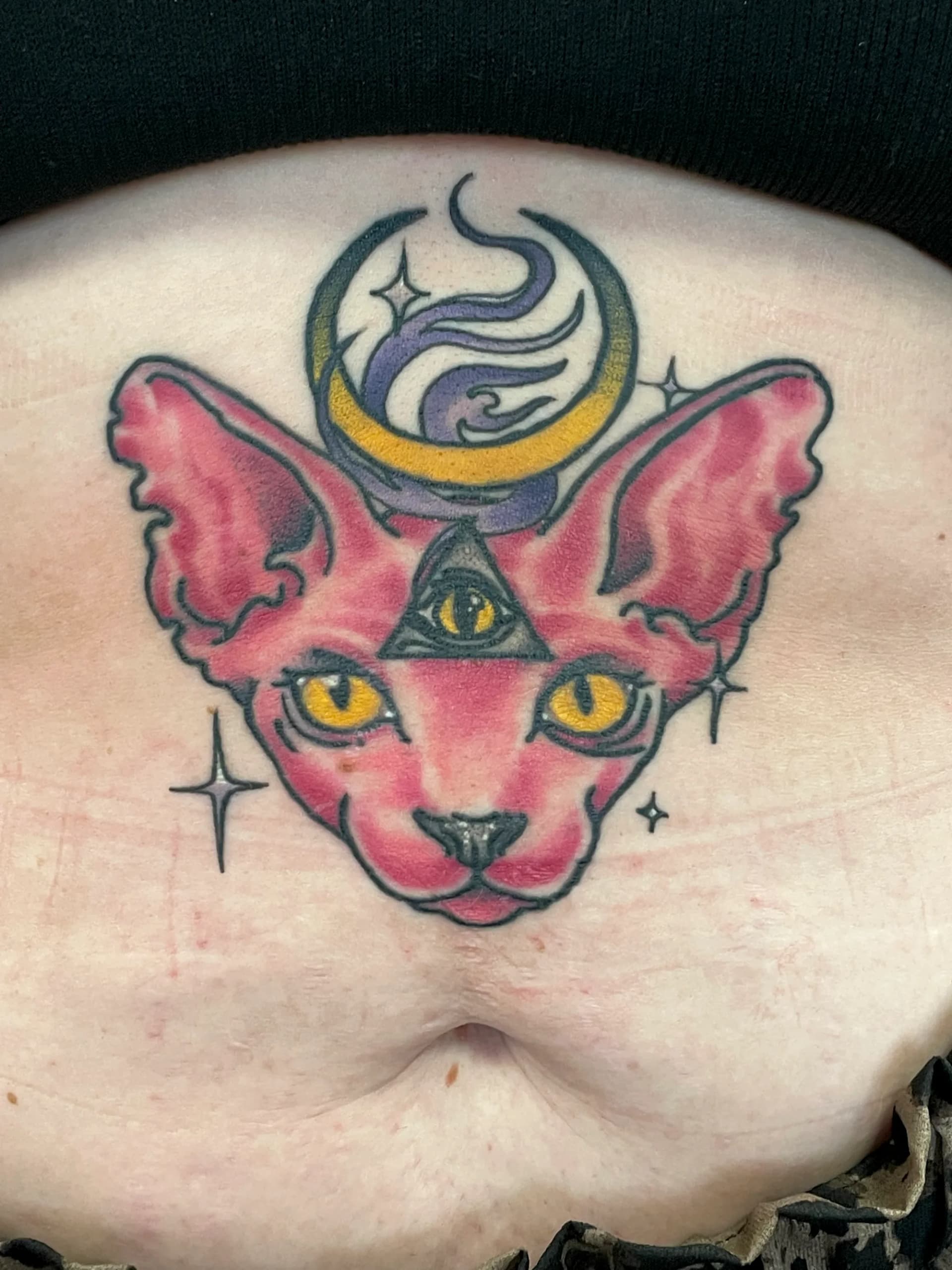 Sphynx cat with third eye colour tattoo by Nate at Village Tattoo Company London Ontario
