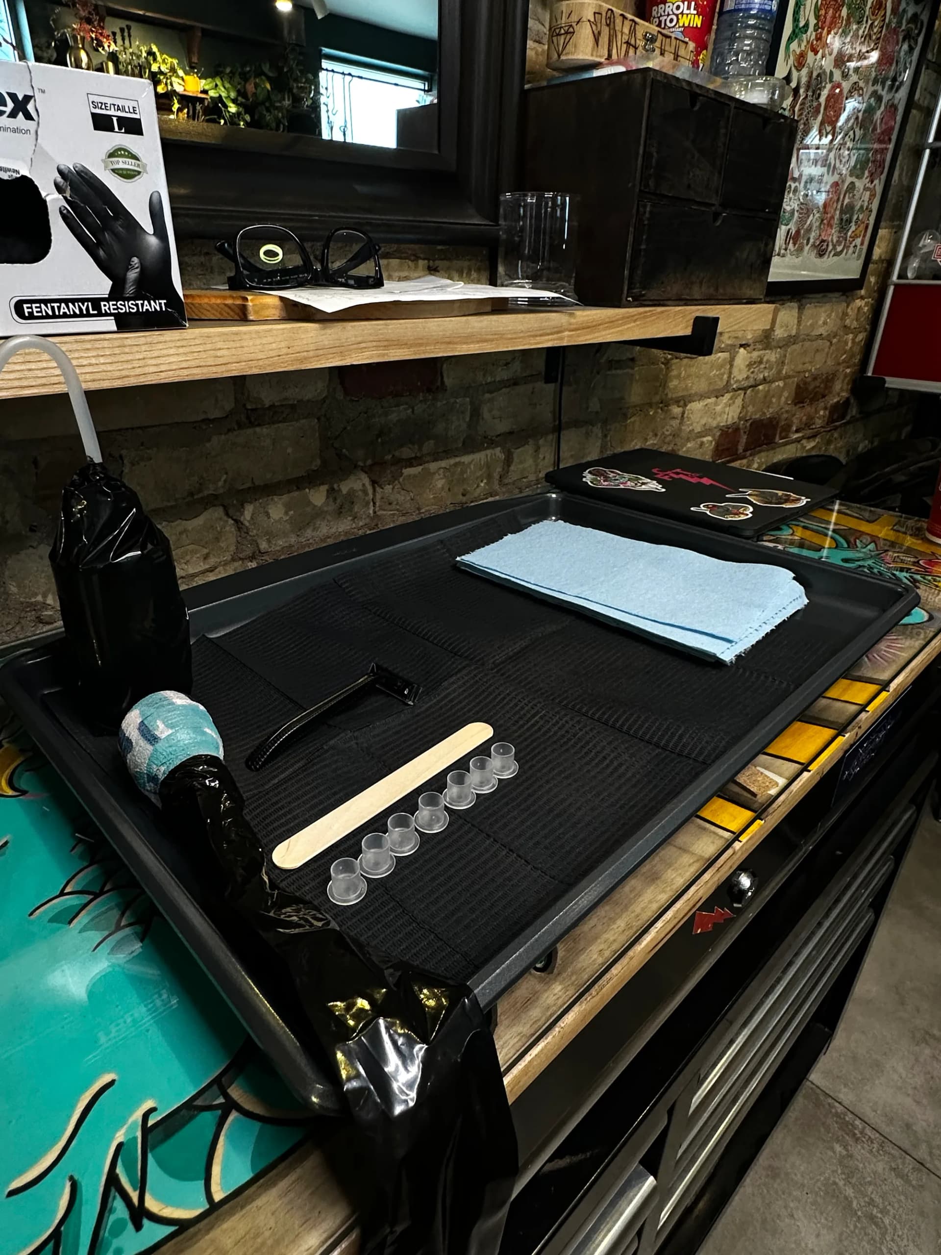 Tattoo station setup at Village Tattoo Company in London Ontario