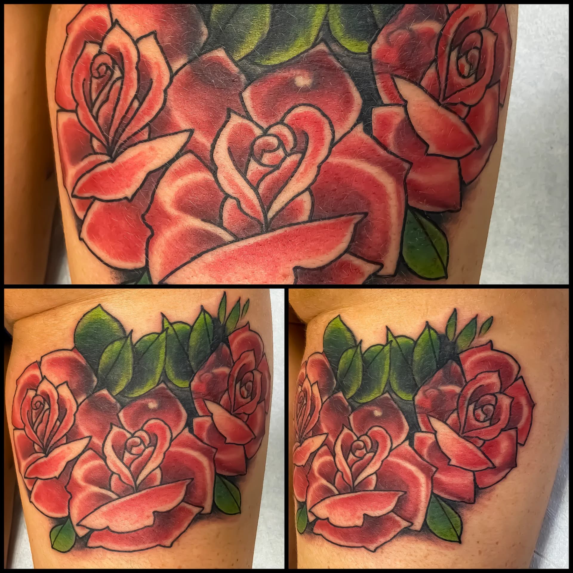 Three roses traditional colour tattoo by Nate at Village Tattoo Company London Ontario