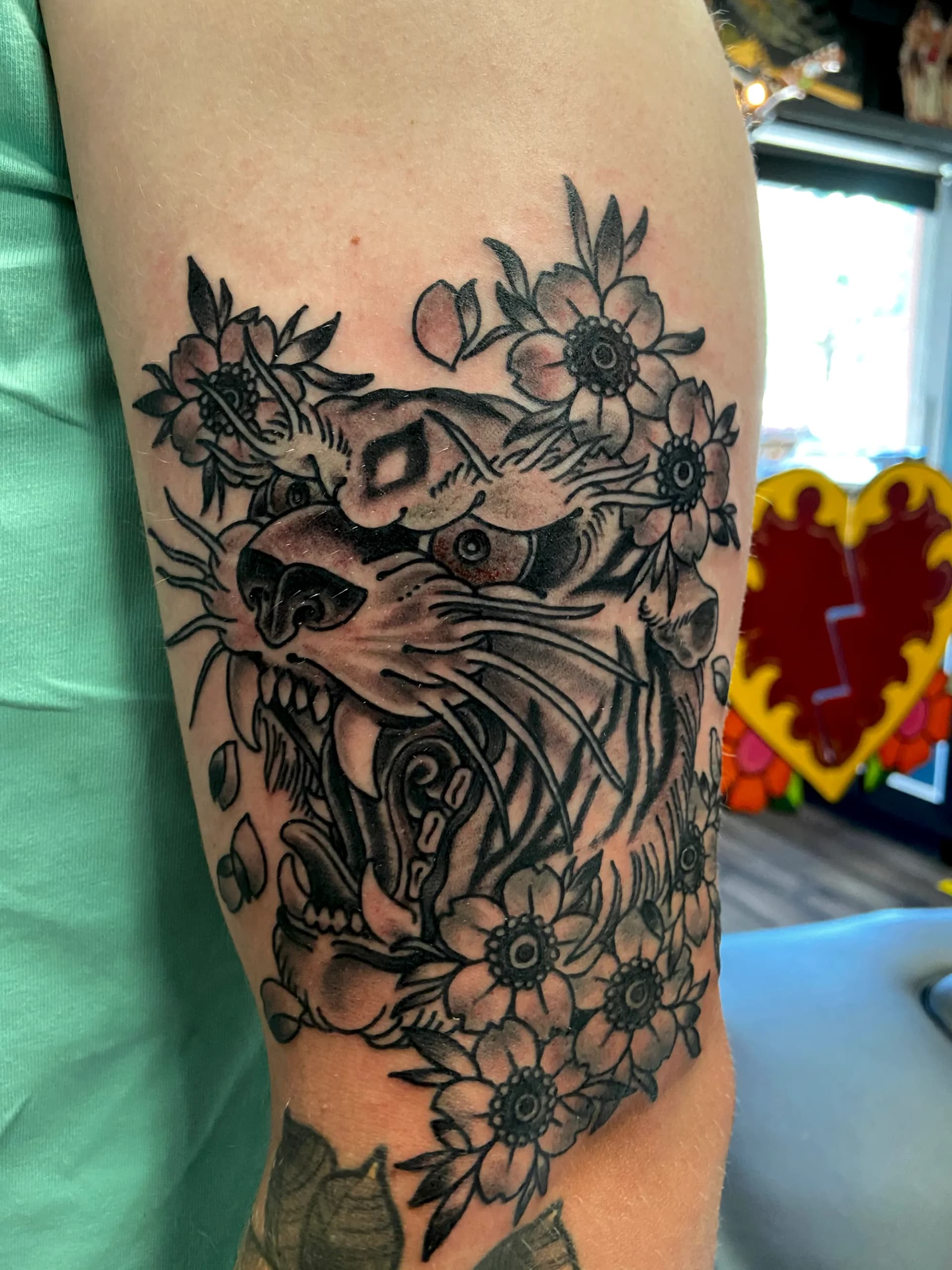 Tiger head black and grey tattoo by Nate at Village Tattoo Company London Ontario